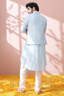 Jetstream Blue Cowl Kurta Set With Embellished Bandi Jacket Set - KORANM
