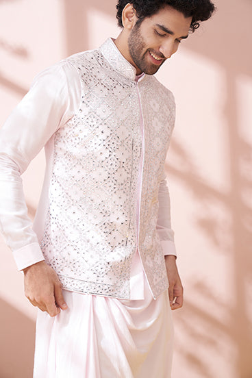 Blush Pink Cowl Kurta Set With Embellished Bandi Jacket Set - KORANM