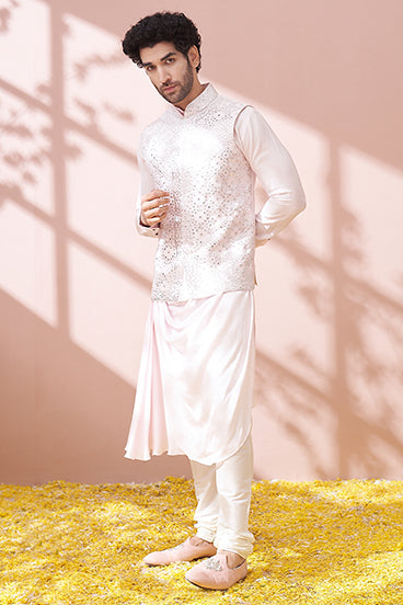 Blush Pink Cowl Kurta Set With Embellished Bandi Jacket Set - KORANM