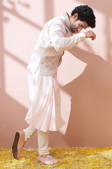 Blush Pink Cowl Kurta Set With Embellished Bandi Jacket Set - KORANM