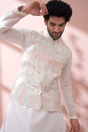 Classic White With Summer Pastels Kurta Bandi Set - KORANM