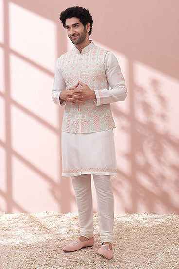 Classic White With Summer Pastels Kurta Bandi Set - KORANM
