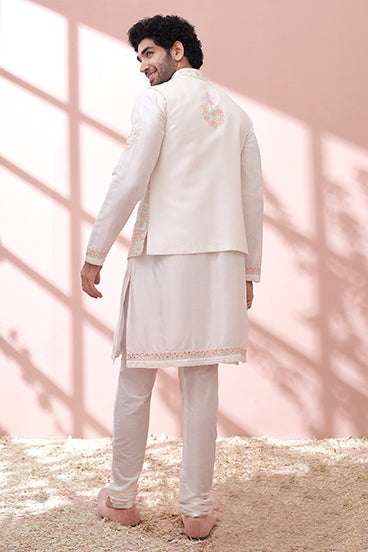 Classic White With Summer Pastels Kurta Bandi Set - KORANM