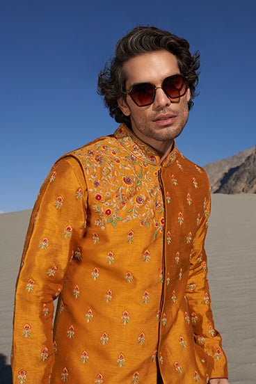 Golden Yellow Embroidered Kurta Bandi Set - KORANM