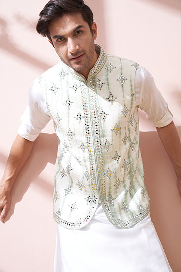 Pure White Kurta Set With Tie And Dye Embellished Bandi Set - KORANM