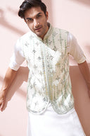 Pure White Kurta Set With Tie And Dye Embellished Bandi Set - KORANM