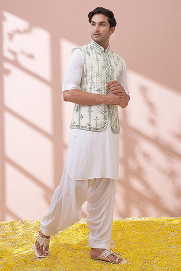 Pure White Kurta Set With Tie And Dye Embellished Bandi Set - KORANM