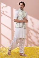 Pure White Kurta Set With Tie And Dye Embellished Bandi Set - KORANM