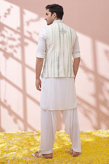 Pure White Kurta Set With Tie And Dye Embellished Bandi Set - KORANM