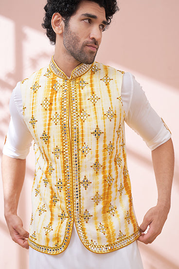 Luster White Kurta Set With Tie And Dye Embellished Bandi Set - KORANM