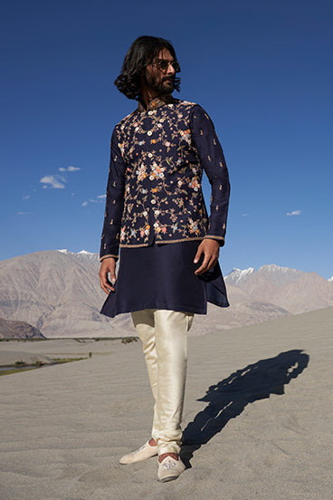 Navy Blue Embroidered Bandi Kurta Set