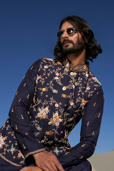 Navy Blue Embroidered Bandi Kurta Set - KORANM