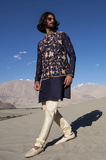 Navy Blue Embroidered Bandi Kurta Set - KORANM