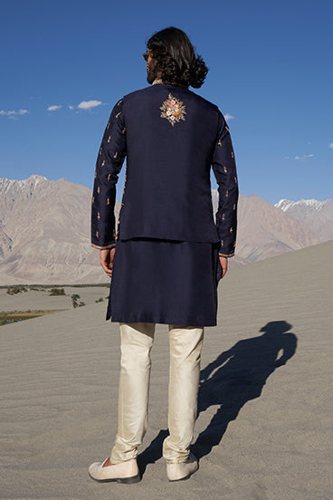 Navy Blue Embroidered Bandi Kurta Set - KORANM