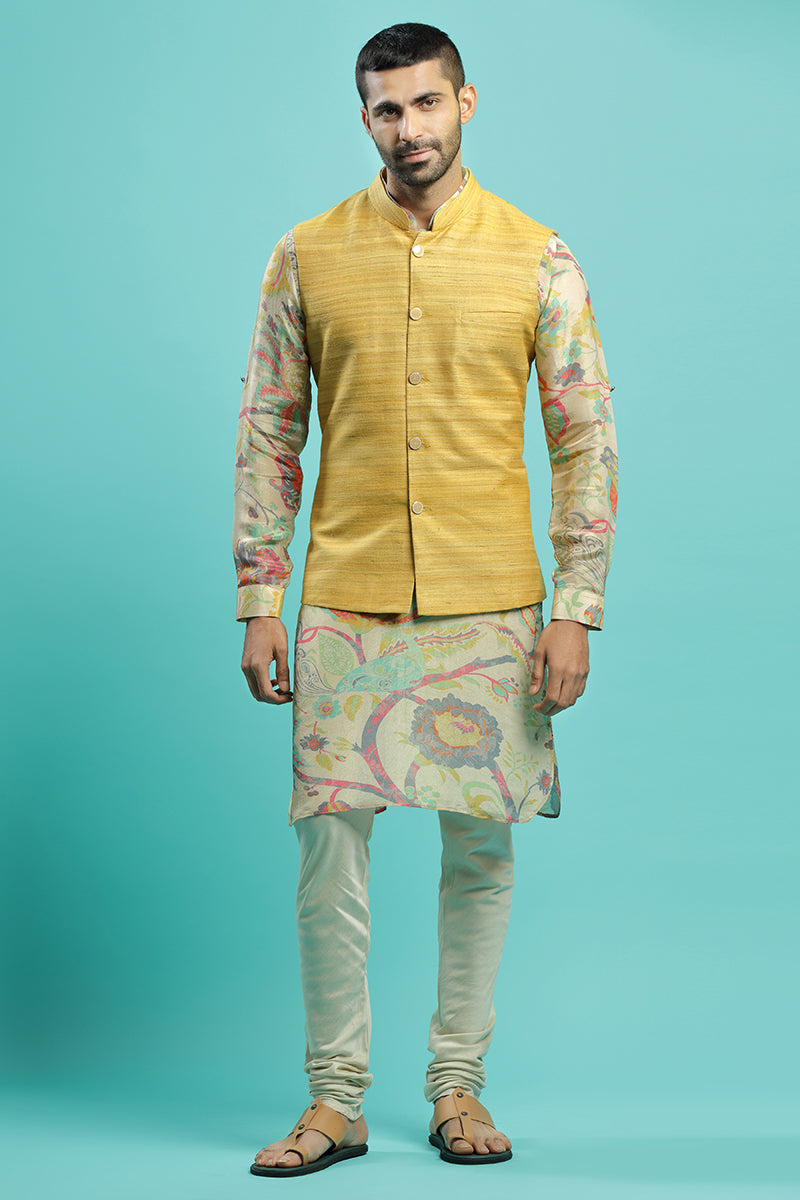 Floral Printed Kurta With Classic Yellow Bandi Jacket Set