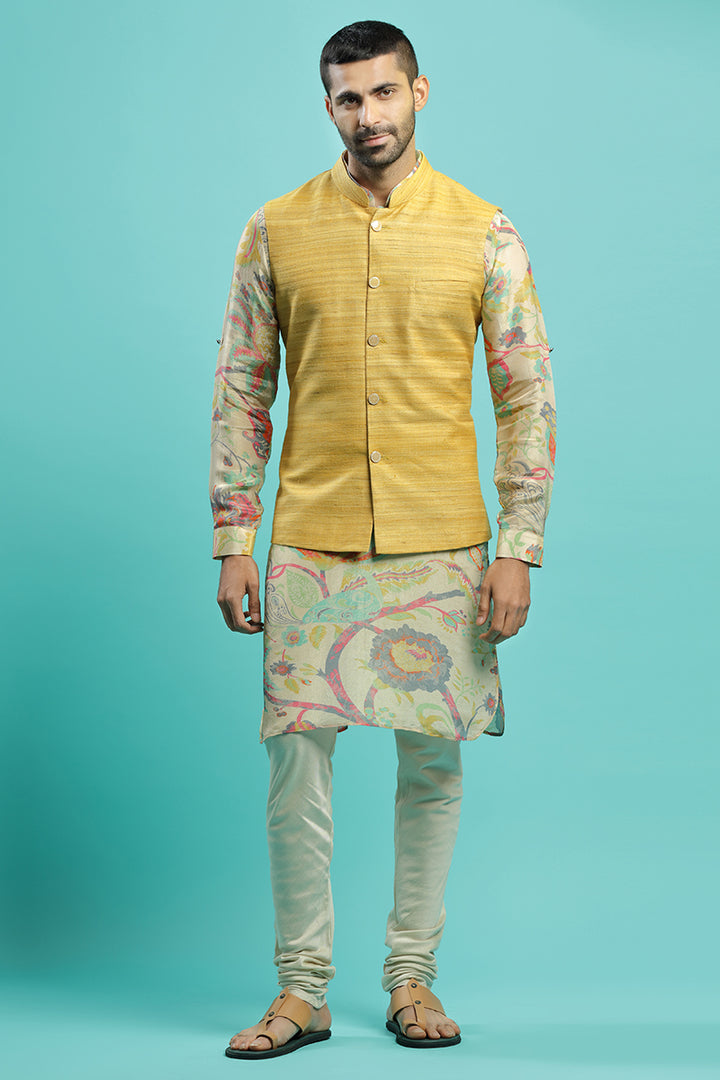 Floral Printed Kurta With Classic Yellow Bandi Jacket Set