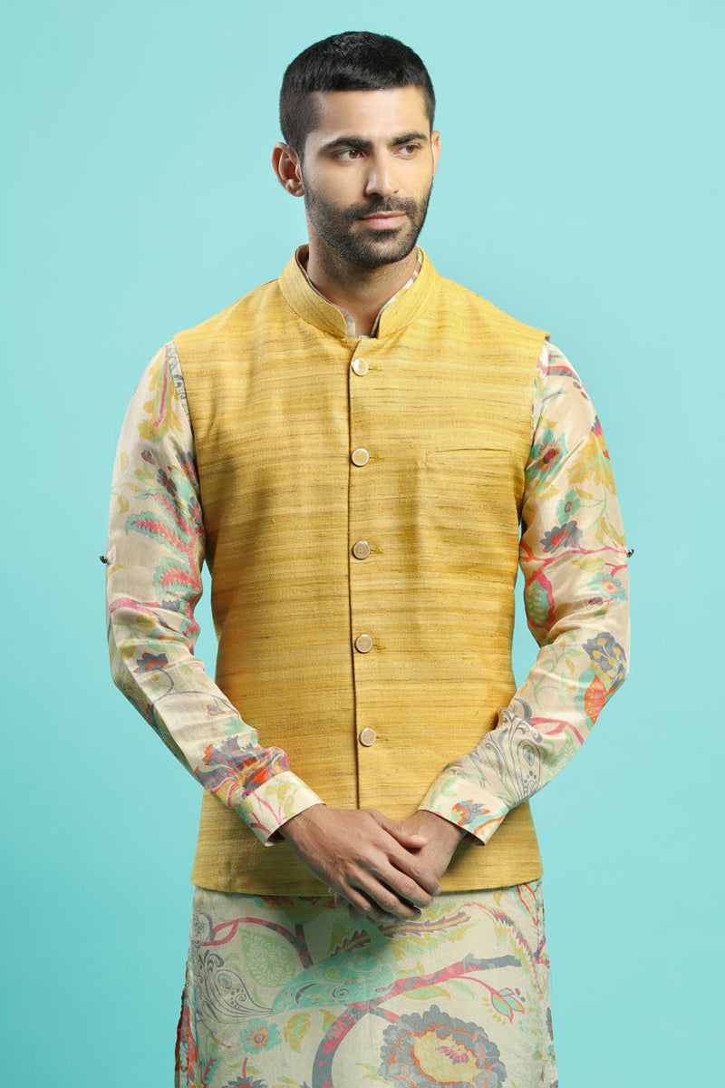Floral Printed Kurta With Classic Yellow Bandi Jacket Set
