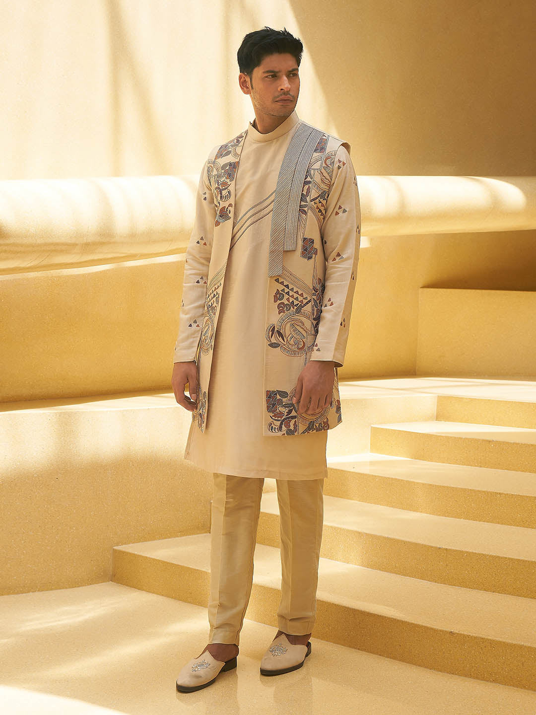 Classic Ecru Kurta With Fusion Jacket