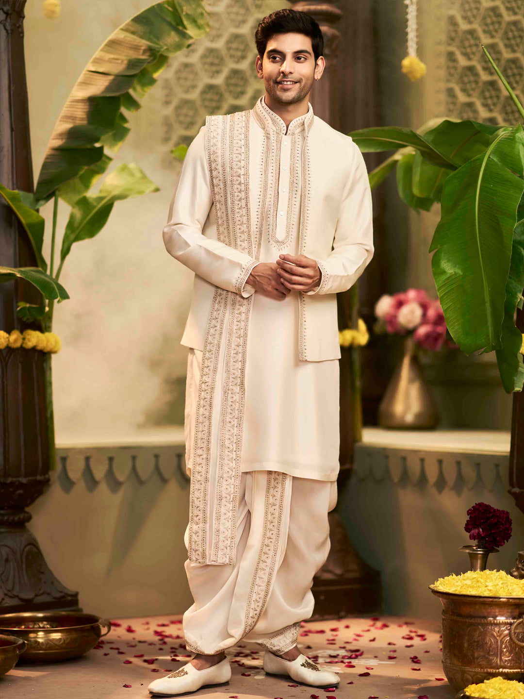 Muhurtham set with Aali Zardozi work on Kurta, Bundi, Stole, and Dhoti