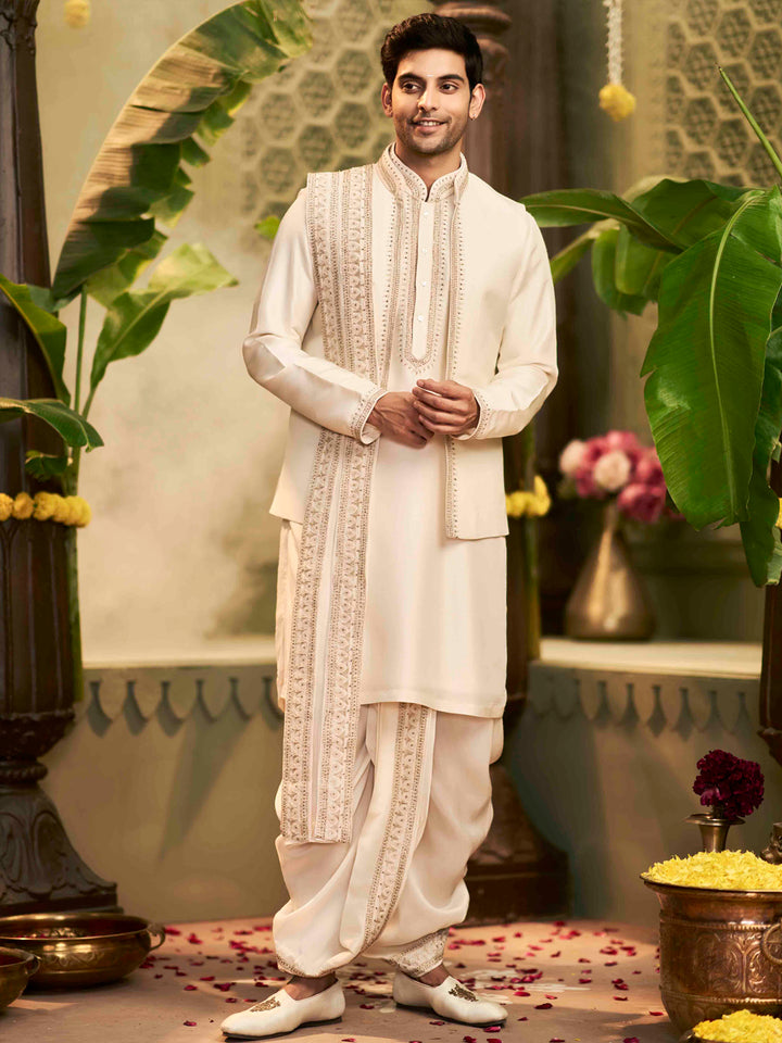 Muhurtham set with Aali Zardozi work on Kurta, Bundi, Stole, and Dhoti