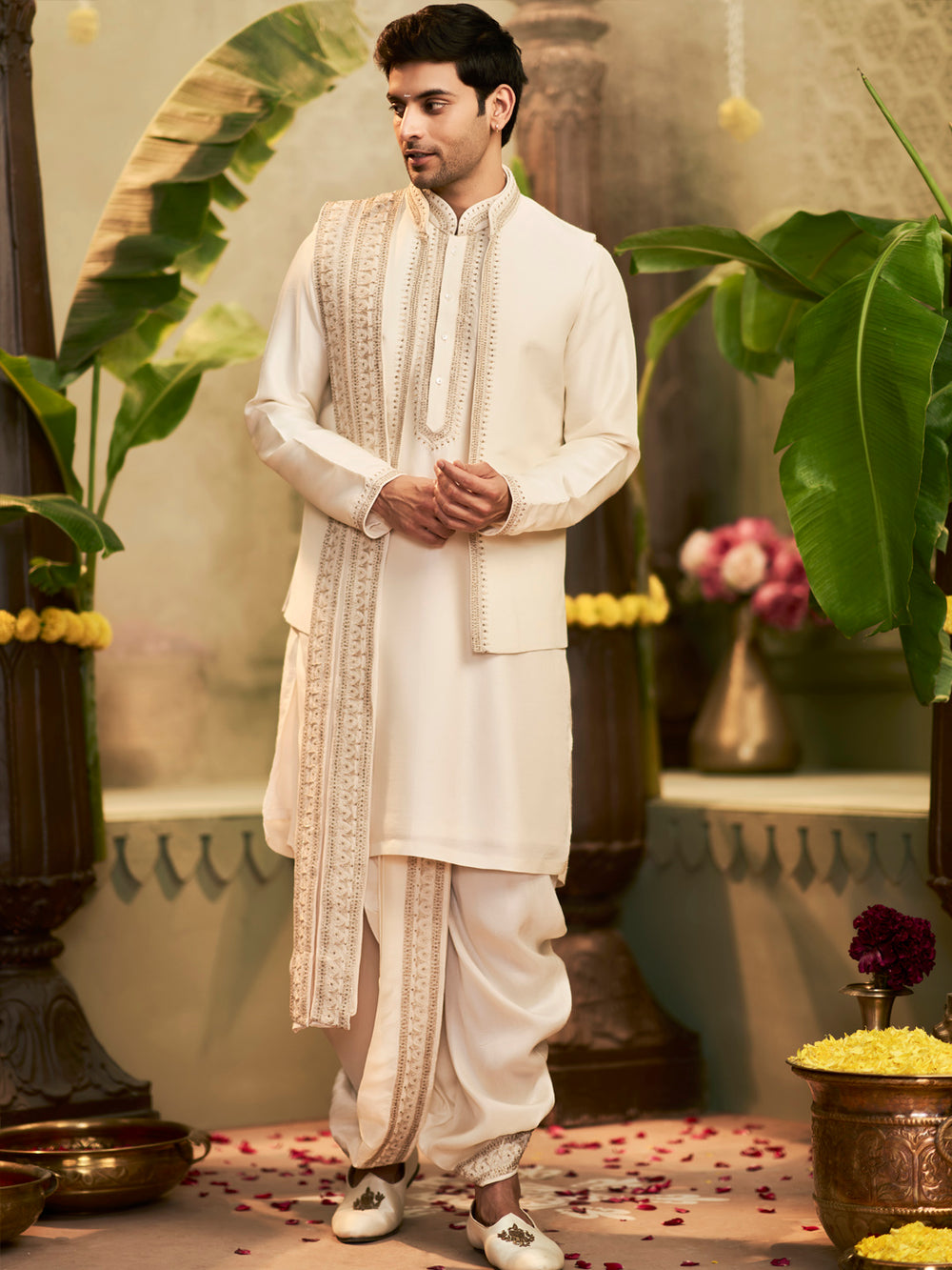 Muhurtham set with Aali Zardozi work on Kurta, Bundi, Stole, and Dhoti - KORANM