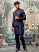 Navy Blue Kurta Bandi Set with Embroidery Work and an Aligadi Pant