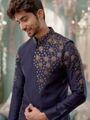 Navy Blue Kurta Bandi Set with Embroidery Work and an Aligadi Pant