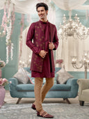 Wine Kurta Bandi Set with Embroidery Work and an Aligadi Pant
