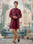 Wine Kurta Bandi Set with Embroidery Work and an Aligadi Pant