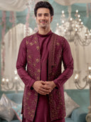 Wine Kurta Bandi Set with Embroidery Work and an Aligarhi Pant