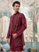 Wine Kurta Bandi Set with Embroidery Work and an Aligadi Pant