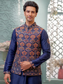 Navy Kurta Bandi Set with Embroidery Work and an Aligadi Pant