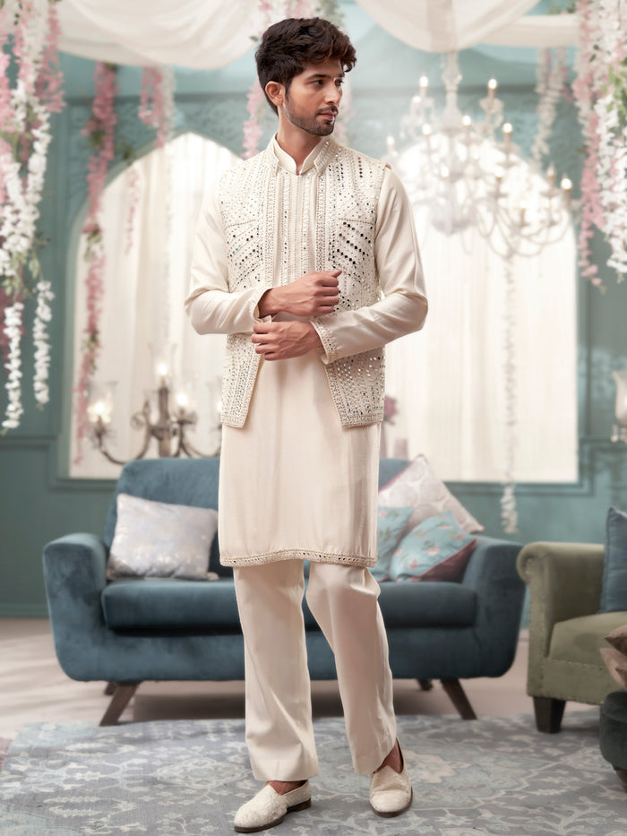 Off-White Kurta Bandi set with mirror work and an aligadi pant
