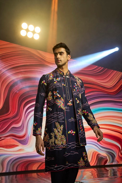 Navy Blue Multi-Coloured Abstract Embroidery Silk Kurta Jacket Set