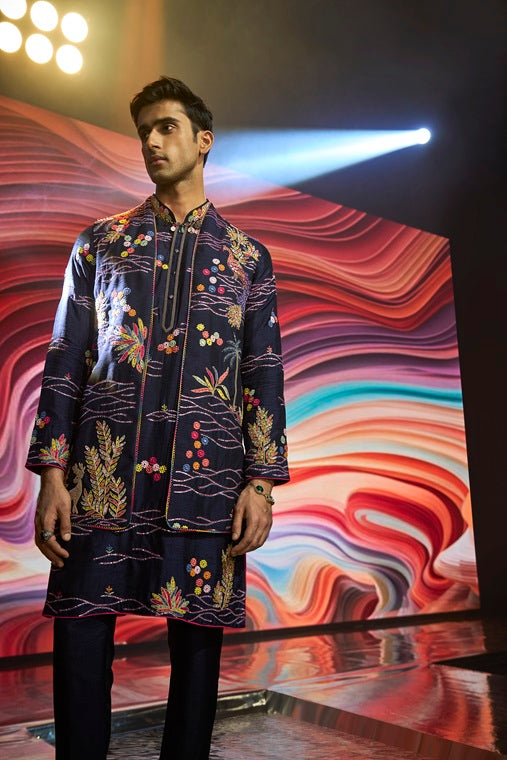 Navy Blue Multi-Coloured Abstract Embroidery Silk Kurta Jacket Set