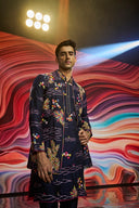 Navy Blue Multi-Coloured Abstract Embroidery Silk Kurta Jacket Set