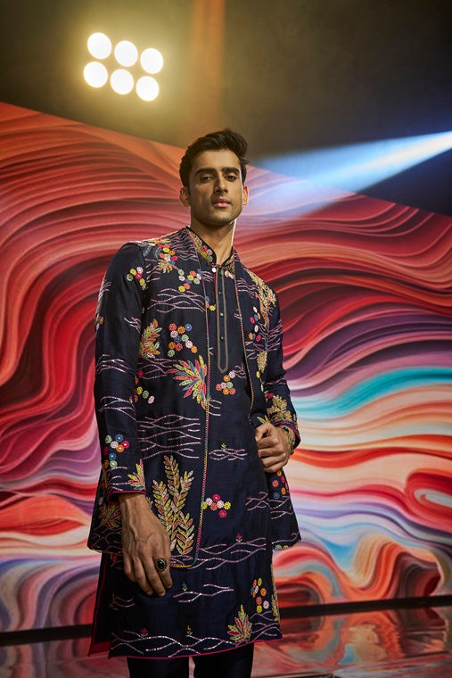 Navy Blue Multi-Coloured Abstract Embroidery Silk Kurta Jacket Set