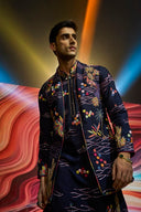 Navy Blue Multi-Coloured Abstract Embroidery Silk Kurta Jacket Set