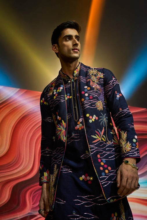 Navy Blue Multi-Coloured Abstract Embroidery Silk Kurta Jacket Set