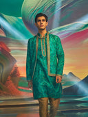 Dark Green Floral Print Silk Kurta Jacket Set with Gold Highlight Embroidery