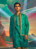 Dark Green Floral Print Silk Kurta Jacket Set with Gold Highlight Embroidery