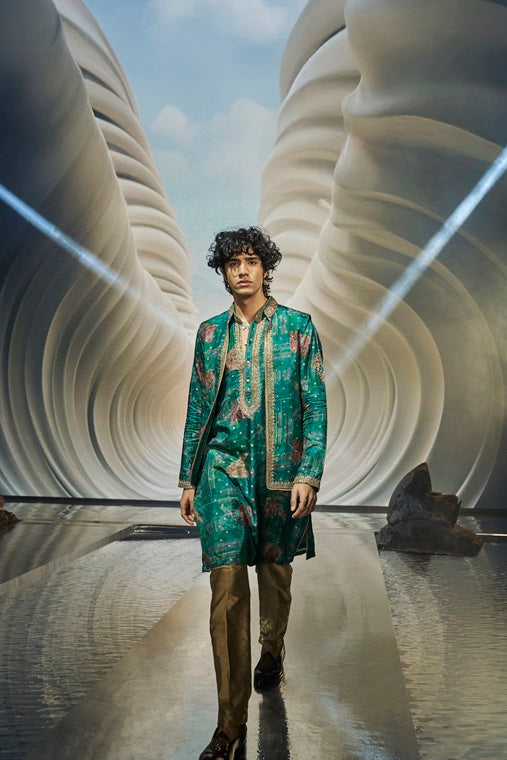 Dark Green Floral Print Silk Kurta Set with Gold Highlight Embroidery