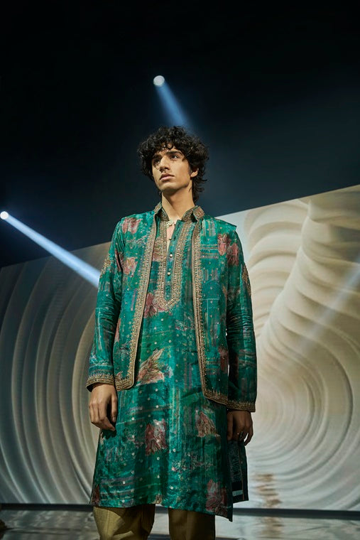 Dark Green Floral Print Silk Kurta Set with Gold Highlight Embroidery