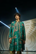 Dark Green Floral Print Silk Kurta Set with Gold Highlight Embroidery