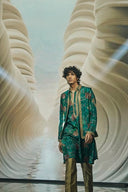 Dark Green Floral Print Silk Kurta Set with Gold Highlight Embroidery