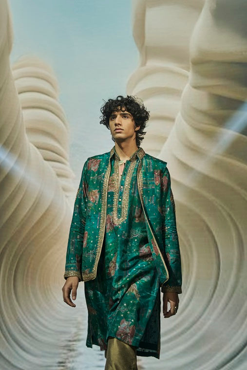 Dark Green Floral Print Silk Kurta Set with Gold Highlight Embroidery
