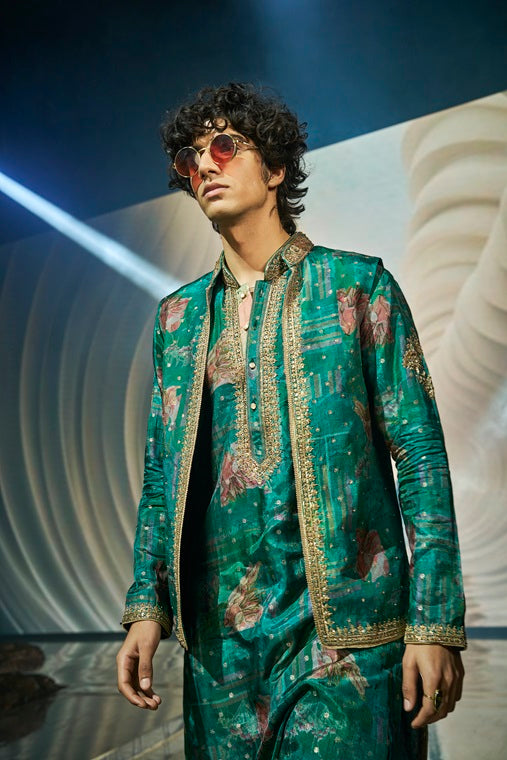 Dark Green Floral Print Silk Kurta Set with Gold Highlight Embroidery