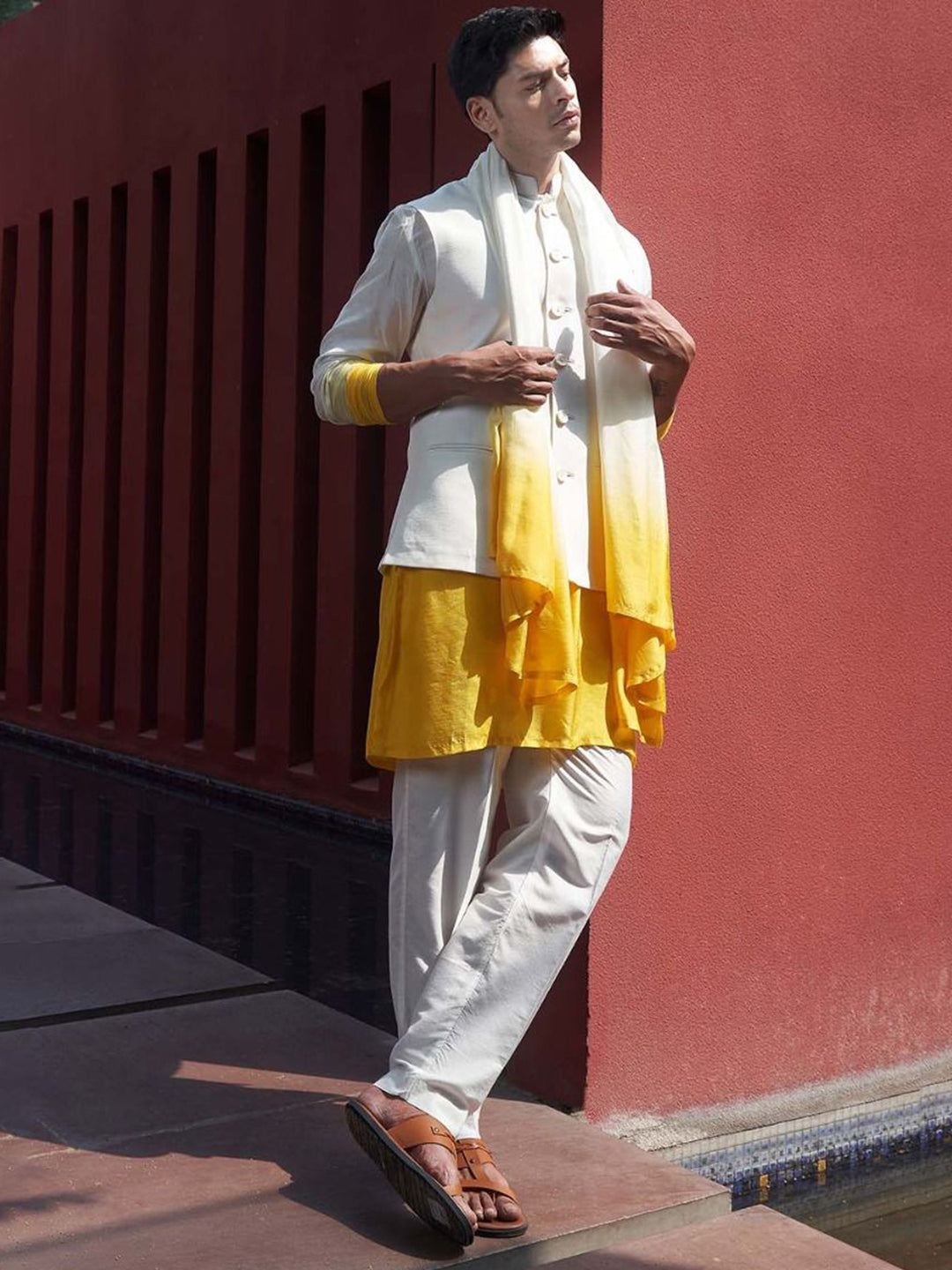 Off-White And Yellow Ombre Kurta Bandi Set