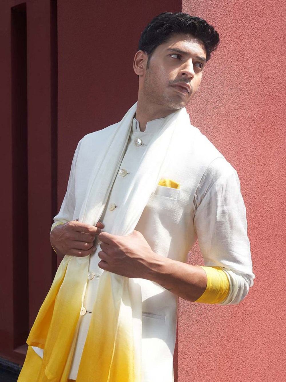 Off-White And Yellow Ombre Kurta Jacket Set
