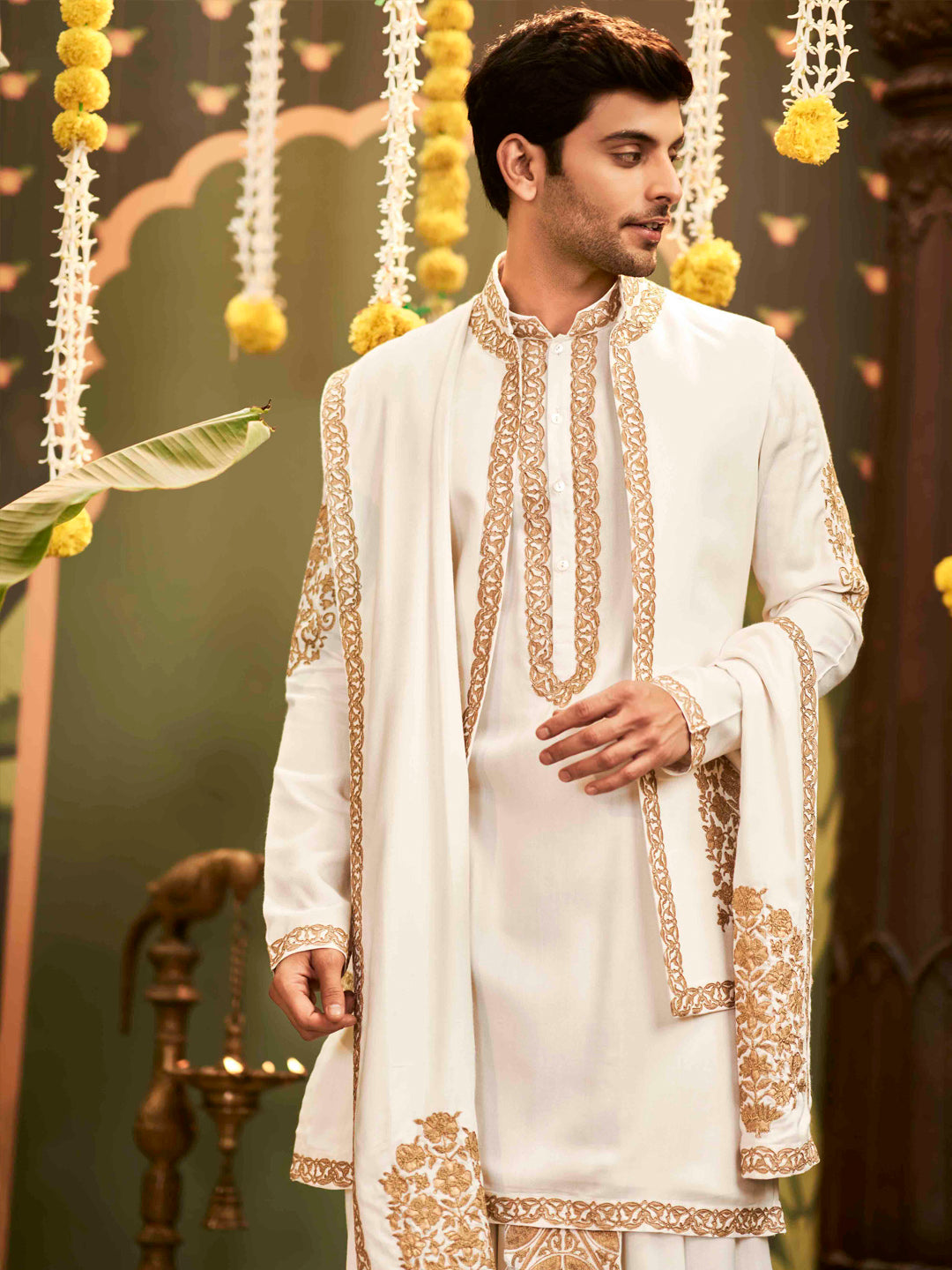 Muhurtham set with Gold foil print zari work on Kurta, Bundi, Stole, and Dhoti - KORANM
